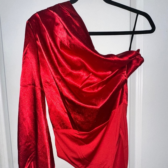Soly Hux Medium Red One Shoulder Satin Bodysuit - Picture 1 of 4